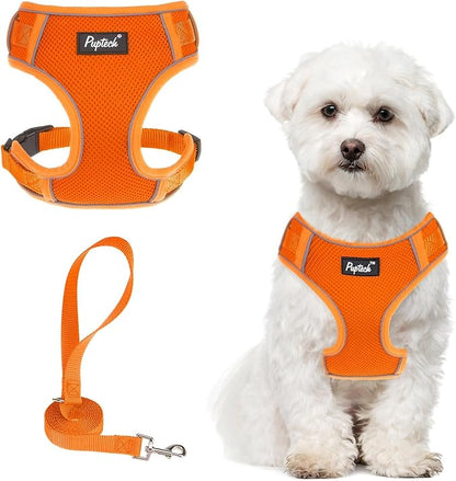 PUPTECK Small Dog Harness and Leash Set, No Pull Adjustable Puppy Cat Harness, Reflective Soft Mesh Pet Vest Small Sized, Orange, M