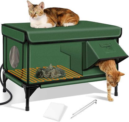 Heated Cat House for Outside,Dual Camera Mounts,100% Weatherproof & Extremely Insulated,Elevated Feral Cat Shelter with Escape Door,Waterproof Eaves for Outdoor Stray Barn Cat(Army Green,L)