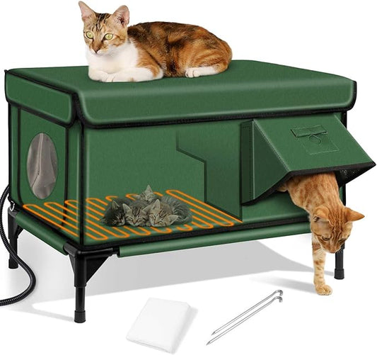 Heated Cat House for Outside,Dual Camera Mounts,100% Weatherproof & Extremely Insulated,Elevated Feral Cat Shelter with Escape Door,Waterproof Eaves for Outdoor Stray Barn Cat(Army Green,L)