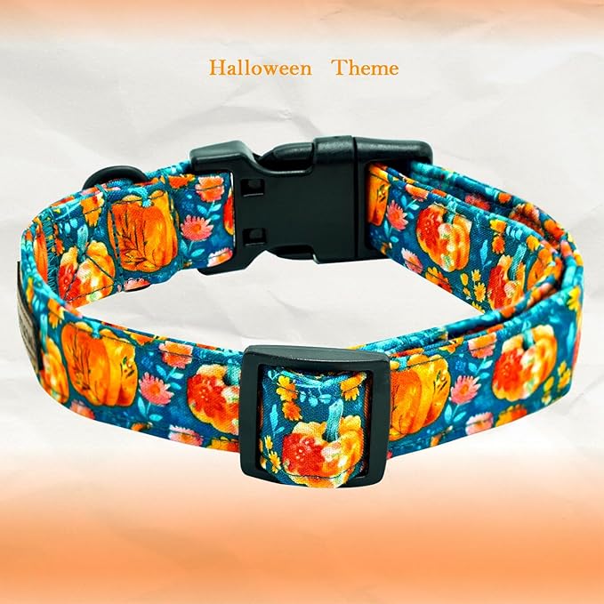 Elegant little tail Halloween Dog Collar, Pumpkin with Flower Print Blue Fall Pet Collars Cotton Soft Sturdy Puppy Collars Holiday Female Adjustable Collar for Medium Dogs