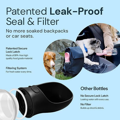 MalsiPree Dog Water Bottle - 19 Oz, Black, BPA-Free - Portable & Lightweight Water Dispenser with Bowl for Dogs - Leak-Proof & No-Waste Design for Travel