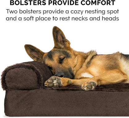 Furhaven Orthopedic Dog Bed for Large Dogs w/ Removable Bolsters & Washable Cover, For Dogs Up to 125 lbs - Plush & Velvet L Shaped Chaise - Sable Brown, Jumbo Plus/XXL