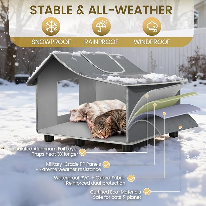 Heated Cat House for Outside Pets in Winter, Heated Outdoor Cat House Weatherproof, Insulated Cat Shelter with Heating Mat