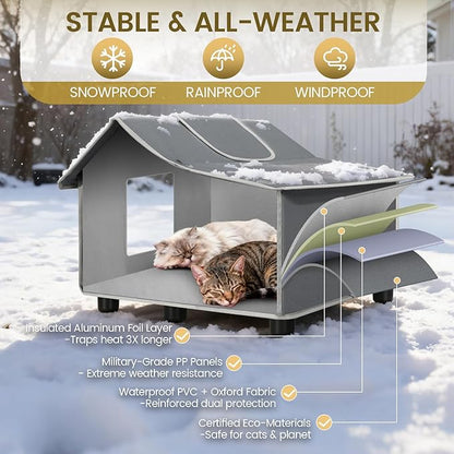 Heated Cat House for Outside Pets in Winter, Heated Outdoor Cat House Weatherproof, Insulated Cat Shelter with Heating Mat
