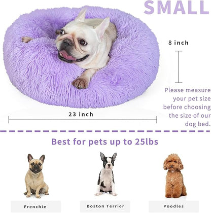Calming Donut Dogs Beds for Small Dogs Washable,23inch Plush Round Pet Bed for Cozy Sleep,Fluffy Faux Fur Large Cat Bed,Fits up to 25 lbs Pets,Purple