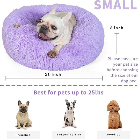 Calming Donut Dogs Beds for Small Dogs Washable,23inch Plush Round Pet Bed for Cozy Sleep,Fluffy Faux Fur Large Cat Bed,Fits up to 25 lbs Pets,Purple