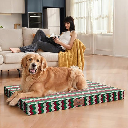 Tail Stories Outdoor Extra Large Dog Bed, Christmas Waterproof Dog Bed for Large Dogs, Egg Crate Foam XL Pet Bed with Removable Washable Oxford Cooling Cover, Stripe