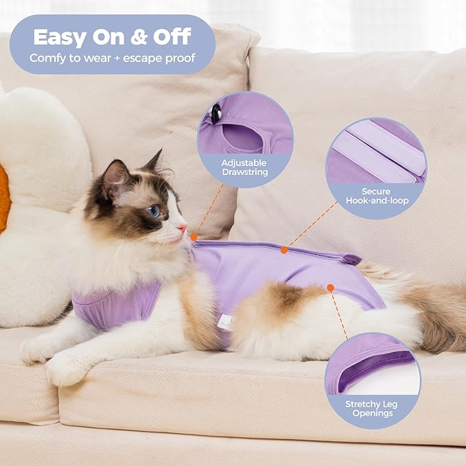 Avont Cat Recovery Suit Post-Surgery Onesie, Breathable Cone-of-Shame Alternative Bodysuit for Spayed Female Kittens, Skin Abdonminal Wound Care -Purple(L)
