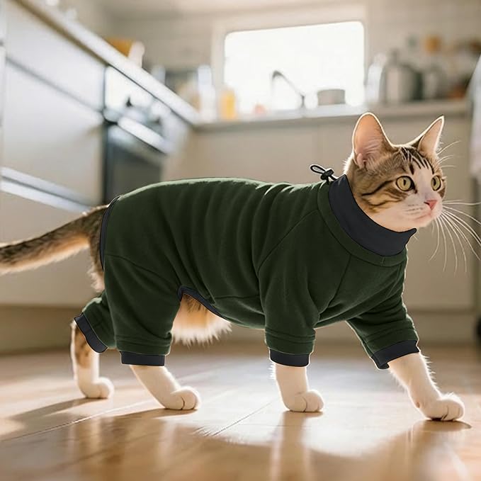 PUMYPOREITY Sticky Hair Cat Clothes, Prevent Hair Loss Cat Pajamas, Soft Cat Sweaters for Cats Only, Cat Hair Sticky Onesie, Cat Recovery Suit After Surgery, Green, 2XL