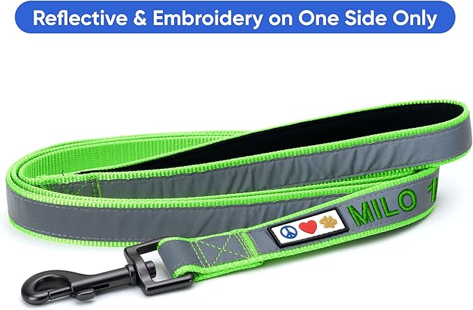 Pawtitas Personalized Green Dog Leash 6 ft Custom ID Lead for Dogs & Puppies Reflective Comfortable Padded Handle Embroidered Name & Phone Number