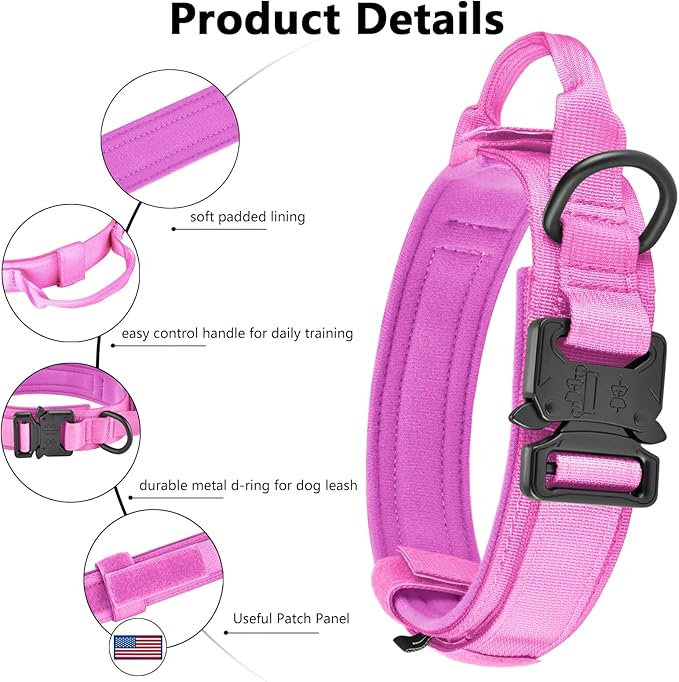 DAGANXI Tactical Dog Collar, Adjustable Military Training Nylon Dog Collar with Control Handle and Heavy Metal Buckle for Medium and Large Dogs, with Patches and Airtags Case (XL, Pink-Set)