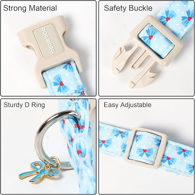 DOGWONG Blue Dog Collar, Cute Blue Boy Dog Collar Adjustable Soft Male Female Pet Dogs Collar Bowtie Printed Dog Collars for Medium Large Dogs