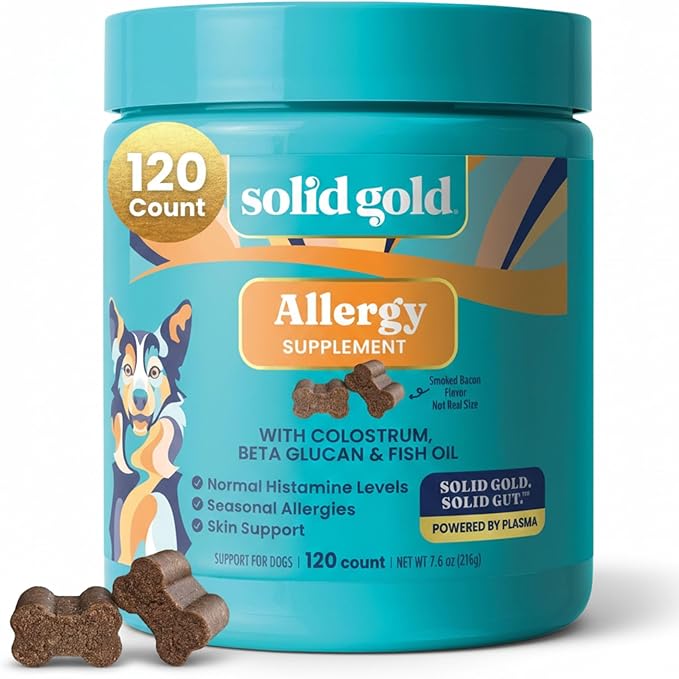 Solid Gold Dog Allergy Relief Chews - Dog Itching Skin Relief & Seasonal Allergies Support - Alaskan Salmon Oil for Dogs Skin, Coat & Immune Support - Bacon Flavor Soft Allergy Chews for Dogs -120ct