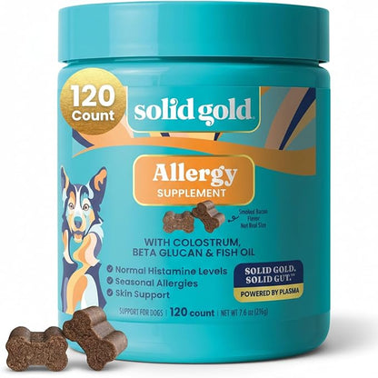 Solid Gold Dog Allergy Relief Chews - Dog Itching Skin Relief & Seasonal Allergies Support - Alaskan Salmon Oil for Dogs Skin, Coat & Immune Support - Bacon Flavor Soft Allergy Chews for Dogs -120ct