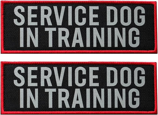2 Pcs Reflective Service Dog in Training Patch Set with Hook and Loop Fastener, Embroidered Border with Printed Letters Patch for Dog Vest Harness (3.5 x 1.2 inches)