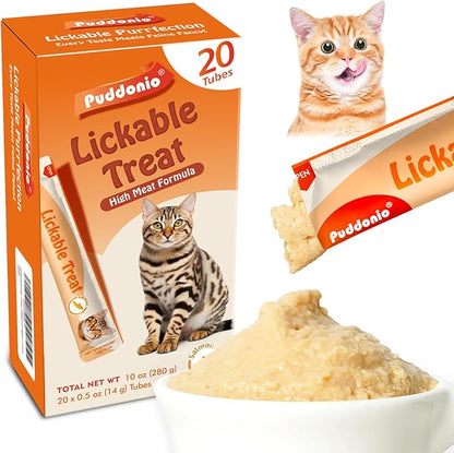 Puddonio High-Meat Lickable Cat Treats, Grain & Gum Free, No Additives, All-Natural High Protein Puree, 0.5oz Tubes (Pack of 20)