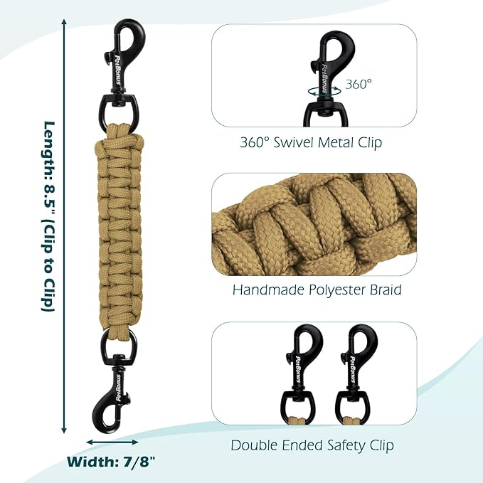 PetBonus Dog Collar Safety Clip, Handmade Backup Safety Strap for Dog Harness, Prong, Pinch Collar, Double Ended Clasp Leash Connector (Tan)