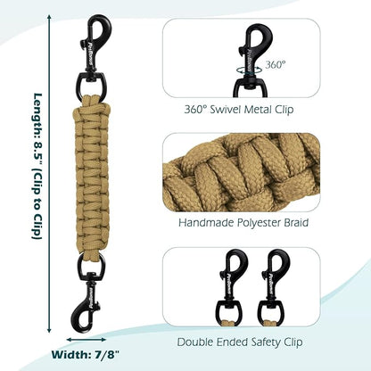 PetBonus Dog Collar Safety Clip, Handmade Backup Safety Strap for Dog Harness, Prong, Pinch Collar, Double Ended Clasp Leash Connector (Tan)