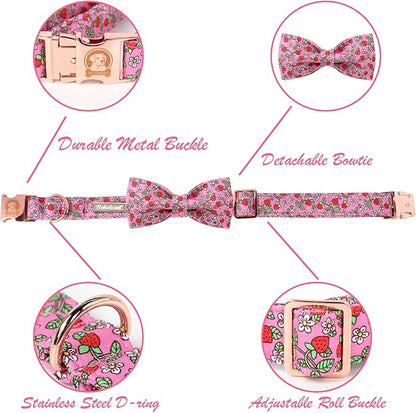 Cute Dog Collar with Bow Tie, Spring Summer Strawberry Bowtie Dog Collar, Durable Adjustable Cotton Pet Collar for Small Medium Large Dogs L
