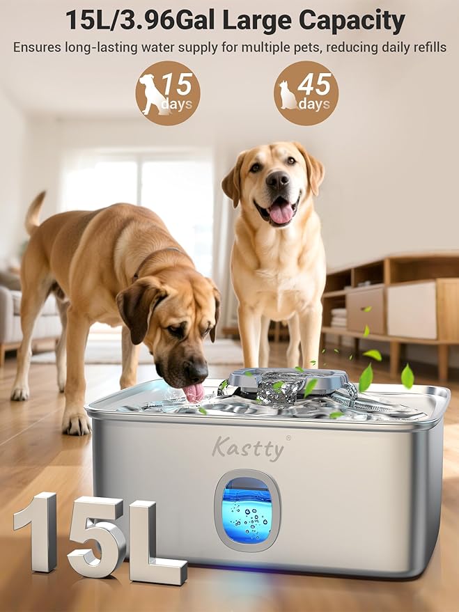 Kastty 4 Gal Dog Water Fountain for Large Dogs,15L Stainless Steel Dog Water Bowl Dispenser Triple Filtration,Ultra Quiet Automatic Pet Water Fountain with Water Level Window and LED Light(FS76)