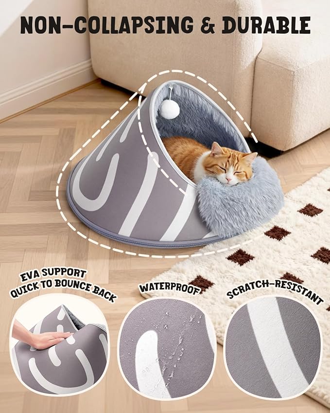 BurgeonNest 20-Inch Round Cat Bed Cave, Enclosed Hooded Pet Bed for Indoor Cats, Cozy Anti-Collapse Cave with Soft Plush, Waterproof EVA Shell, Fully Washable, Shape Retention, Grey