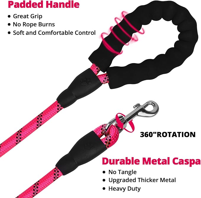 jenico Long Dog Leash 15FT: Heavy Duty Nylon Rope Leashes for Dogs Training with Reflective Threads Bungee and Padded Handle - Dog Lead for Large Small Medium Dogs Outside Walking Hiking - Pink