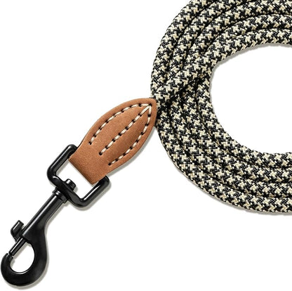 Mile High Life Small Dog Leash, Thin Rope Leash with Genuine Leather Connection and Heavy Duty Metal Clasp, Great for Small Medium Dogs(Black Khaki,72 Inch-1/3)