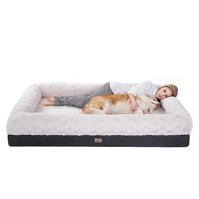 PetFun Giant Memory Foam Human Dog Bed for Adults People Fits Pet Families Extra Large Orthopedic Dog Beds with Sides, Washable Bolster Pet Bed Couch with Removable Cover, 70x50x13 Inch, Beige