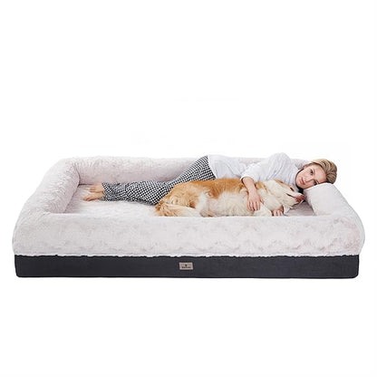 PetFun Giant Memory Foam Human Dog Bed for Adults People Fits Pet Families Extra Large Orthopedic Dog Beds with Sides, Washable Bolster Pet Bed Couch with Removable Cover, 70x50x13 Inch, Beige