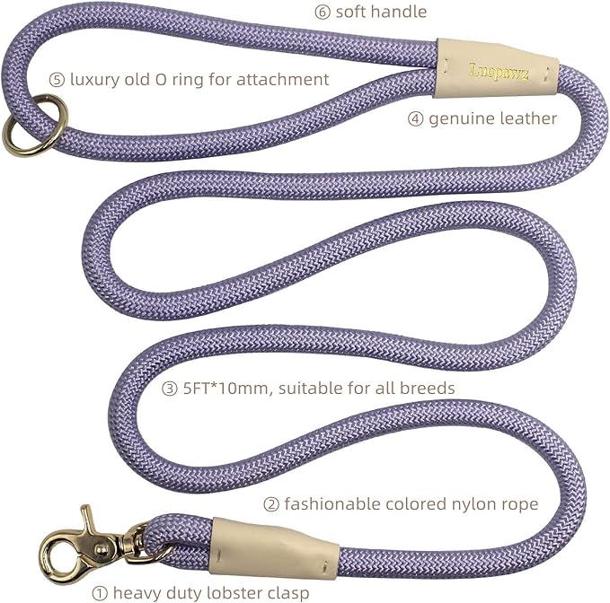 Lobster Snap Pet Leash 5FT, Special Strong Nylon Rope Dog Leash, Solid Color Rope Dog Lead for All Breeds(Purple,5ft*10mm)
