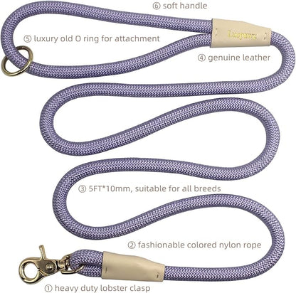 Lobster Snap Pet Leash 5FT, Special Strong Nylon Rope Dog Leash, Solid Color Rope Dog Lead for All Breeds(Purple,5ft*10mm)