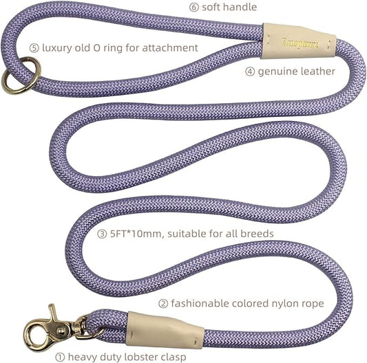 Lobster Snap Pet Leash 5FT, Special Strong Nylon Rope Dog Leash, Solid Color Rope Dog Lead for All Breeds(Purple,5ft*10mm)