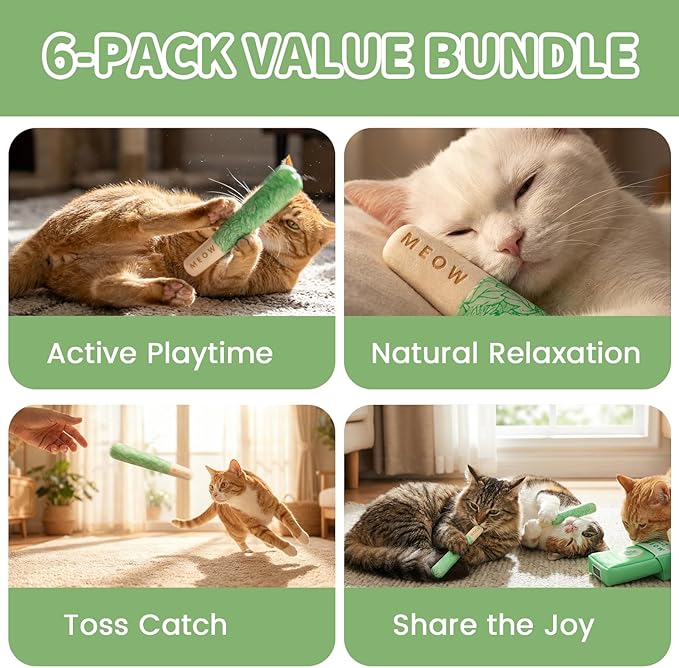6 Pack Catnip Toys for Cats, Organic Cat Chew Toy and Safe Kitten Teething Chew and Kicker Toys, Funny Pre-Roll Shape for Cat Anxiety Relief, Stress Relieving Fun for Indoor Cats