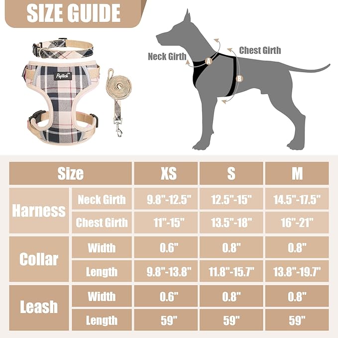 PUPTECK Small Dog Harness and Leash Set, No Pull Adjustable Puppy Cat Harness, Reflective Soft Mesh Pet Vest Small Sized, Beige Plaid, XS