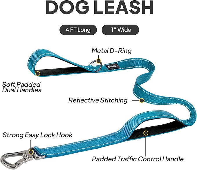 PetiFine 4FT Heavy Duty Dog Leash with Soft Padded Double Handle, Durable Strong Clasp Dog Leashes, Reflective Nylon Walking Lead for Large,Medium,Small Breed Dogs, Blue
