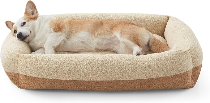 FURTIME Washable Dog Bed Medium Size Dogs, Rectangle Comfy Fluffy Medium Dog Bed, Removable Zipper Cover Machine Wash, Soft Orthopedic Bed Durable Pet Cuddler with Anti-Slip Bottom, 25"x21"x7", Beige