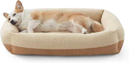 FURTIME Washable Dog Bed Medium Size Dogs, Rectangle Comfy Fluffy Medium Dog Bed, Removable Zipper Cover Machine Wash, Soft Orthopedic Bed Durable Pet Cuddler with Anti-Slip Bottom, 25"x21"x7", Beige