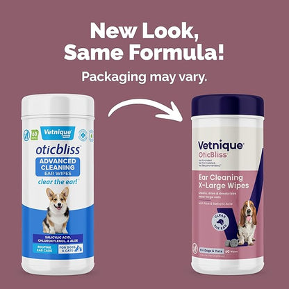 Vetnique Oticbliss Cat & Dog Ear Wipes - Dog Ear Infection Treatment or Dog Ear Cleaner Wipes for Dirty, Waxy, Smelly Dog Ears, Odor Control with Aloe Vera & Salicylic Acid (X-Lg Ear Cleaning Wipes)