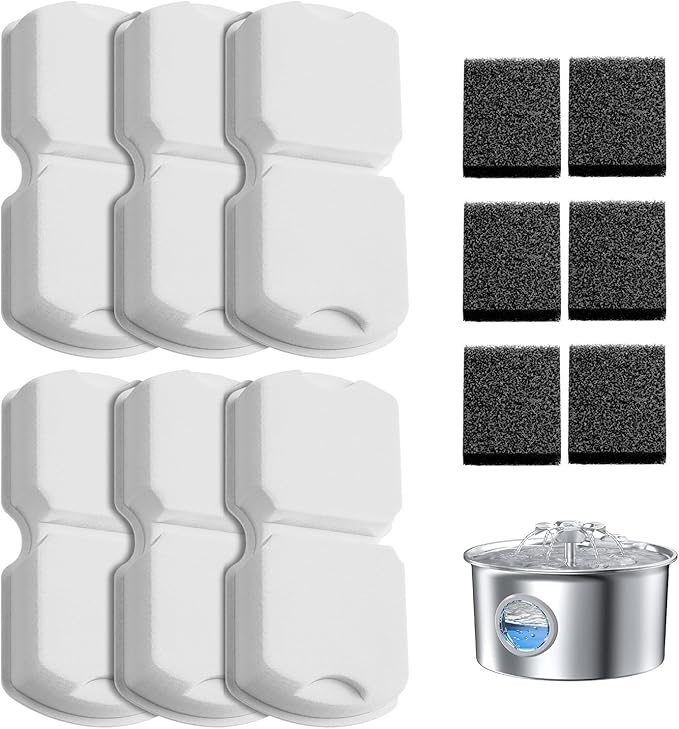 IHOUONE Official Cat Fountain Filter: 12 Cat Water Fountain Filter Replacement - 6 Carbon Filters & 6 Foam Filters - Suitable for IHOUONE Stainless Steel pet Fountains