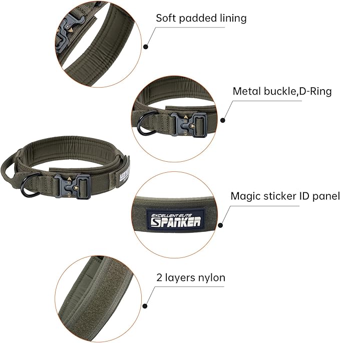 EXCELLENT ELITE SPANKER Tactical Dog Collar Nylon Adjustable Training Collar Military Dog Collar Heavy Duty Metal Buckle with Control Handle for Medium and Large Dogs with Patches(Ranger Green-L)