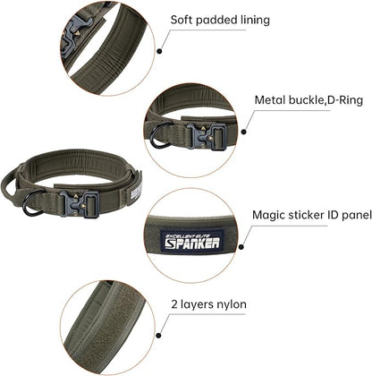 EXCELLENT ELITE SPANKER Tactical Dog Collar Nylon Adjustable Training Collar Military Dog Collar Heavy Duty Metal Buckle with Control Handle for Medium and Large Dogs with Patches(Ranger Green-L)