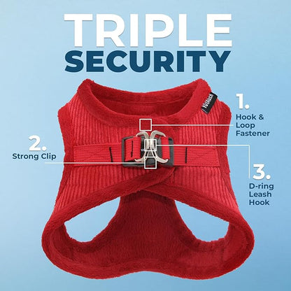 Best Pet Supplies - All Weather Plush, Reflective, No Pull Harness for Small, Medium Dogs, Cats - Secure with Hook & Loop Fastener, Buckle, Double D-Rings - Red Corduroy, L