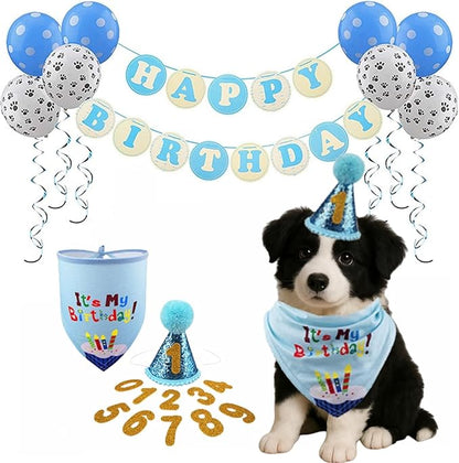Pet Birthday Party Set,Dogs Bandana and Dog Birthday Hat with Star Pattern Design, Adjustable Sequin Bow tie Accessories, Blue Birthday Boy Scarf (Dark Blue)