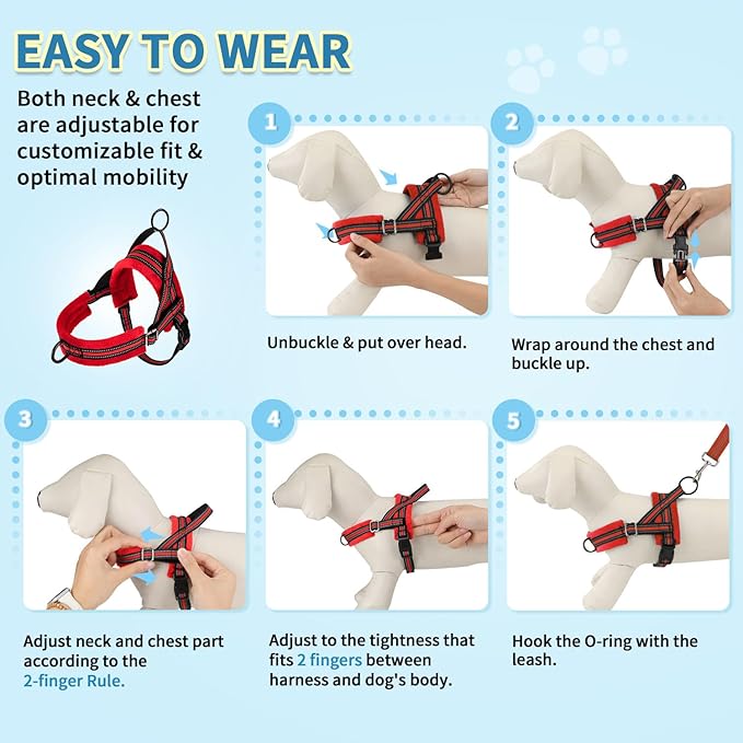 SlowTon No Pull Small Dog Harness and Leash Set, Puppy Soft Vest Harness Neck & Chest Adjustable, Reflective Lightweight Harness & Anti-Twist Pet Lead Combo for Small Medium Dogs (Red, XS)