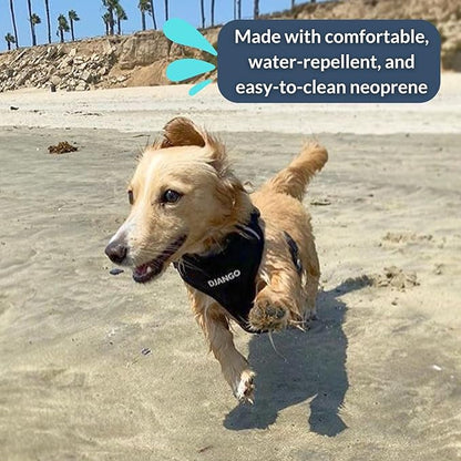 DJANGO Adventure Dog Harness - Stylish and Comfortable Medium Dog Harness for Outdoor Adventures and Everyday Wear - Black Neoprene Adjustable Harness for Dogs with Reflective Piping and Brass D-Ring