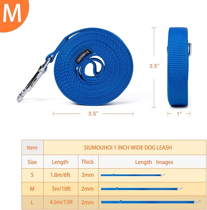 Siumouhoi Strong Durable Nylon Dog Training Leash, 1 Inch Wide Traction Rope, 6 ft 10ft 15ft Long, for Small and Medium Dog (Blue, 10 Feet)