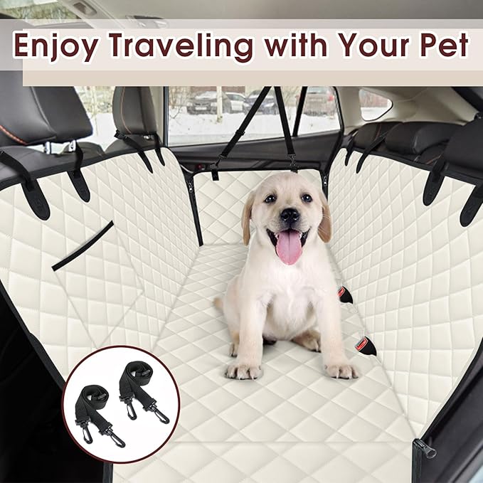 NECKORY Waterproof Dog Car Seat Cover for Back Seat - Durable, Scratch Proof Pet Hammock with Nonslip Design & Storage Pockets, Fits Cars, SUVs, Trucks - L, Beige/Black