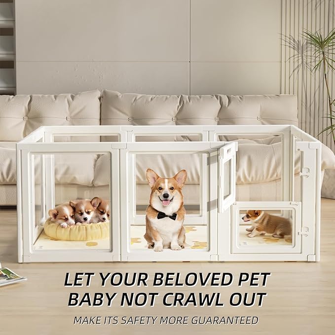 LoveTail Clear Acrylic Dog Playpen Indoor,Transparent Dog Pen,Easy to Assemble and Clear pet Pen for Puppy Dog, Rabbit and cat,Sturdy and Easy to Clean Plastic pet Fence (White, 23.6" H, 10PCS)