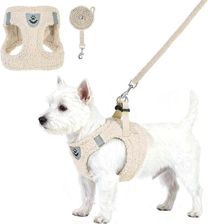 KOOLTAIL Plush Small Dog Harness and Leash Set, Warm Fleece No Pull Puppy Vest for Winter, Lightweight Reflective Step in Pet Harness for Medium Sized Dogs Boy Girl Outdoor Walking Cute Soft, Beige M