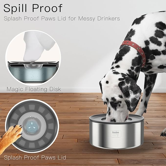 Feedoo 1Gallon No Spill Water Bowl for Dogs, Double-Wall Stainless Steel with Splash-Proof Paws Lid and Floating Disk, Non-Slip Base, Easy to Clean Slow Water Feeder for Large Medium Dogs